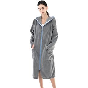 COSUSKET Women's Bathrobe, Zipper Sleepwear Nightgowns Fleece Long Sleeve Zip up Hooded Robes with Pockets House Coat