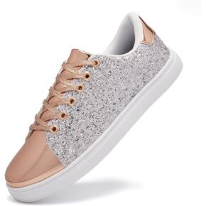 Women's Glitter Shoes Fashion Shiny Sequin Sneakers Tennis Sparkly Shoes Rhinestone Bling Shoes with Lace up