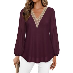 Bebonnie Women's Casual Long Sleeve Lace V Neck Double Layers Mesh Tunic Tops in Kuwait