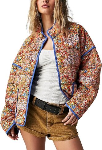Yimoon Women's Cropped Puffer Quilted Jacket Vintage Floral Print Open Front Lightweight Short Jacket Outwear in Saudi Arabia