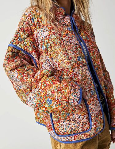 Yimoon Women's Cropped Puffer Quilted Jacket Vintage Floral Print Open Front Lightweight Short Jacket Outwear in Saudi Arabia