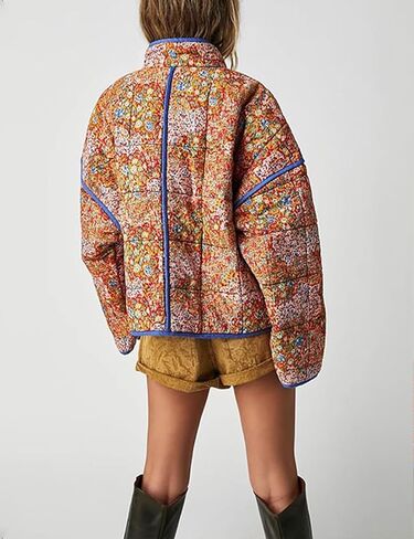 Yimoon Women's Cropped Puffer Quilted Jacket Vintage Floral Print Open Front Lightweight Short Jacket Outwear in Saudi Arabia