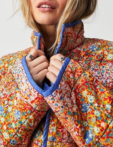 Yimoon Women's Cropped Puffer Quilted Jacket Vintage Floral Print Open Front Lightweight Short Jacket Outwear in Saudi Arabia