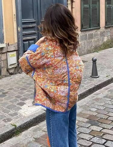 Yimoon Women's Cropped Puffer Quilted Jacket Vintage Floral Print Open Front Lightweight Short Jacket Outwear in Saudi Arabia