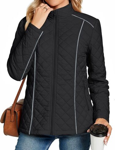 Anyhold Women's Lightweight Full Zip Jacket Diamond Quilted Coat Long Sleeve Stand Collar Trendy Winter Coat with Pockets in Saudi Arabia