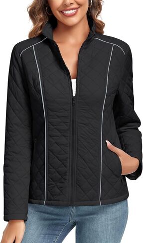 Anyhold Women's Lightweight Full Zip Jacket Diamond Quilted Coat Long Sleeve Stand Collar Trendy Winter Coat with Pockets in Saudi Arabia