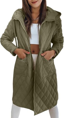 Imily Bela Womens Long Quilted Jackets Zip Up Hooded Drawstring Waist Coats with Pockets in Saudi Arabia