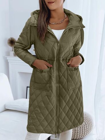 Imily Bela Womens Long Quilted Jackets Zip Up Hooded Drawstring Waist Coats with Pockets in Saudi Arabia