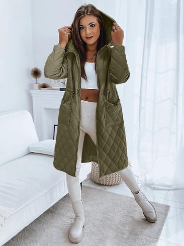 Imily Bela Womens Long Quilted Jackets Zip Up Hooded Drawstring Waist Coats with Pockets in Saudi Arabia
