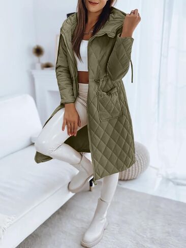 Imily Bela Womens Long Quilted Jackets Zip Up Hooded Drawstring Waist Coats with Pockets in Saudi Arabia