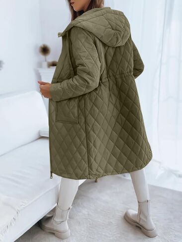 Imily Bela Womens Long Quilted Jackets Zip Up Hooded Drawstring Waist Coats with Pockets in Saudi Arabia