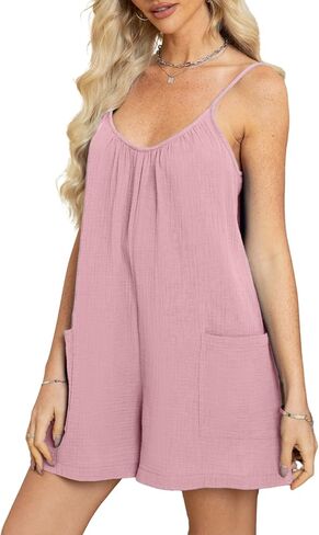 Glamaker Women's Romper Summer Casual Cotton Short Jumpsuit Spaghetti Strap Sleeveless Overalls Loose Fit With Pockets in Kuwait