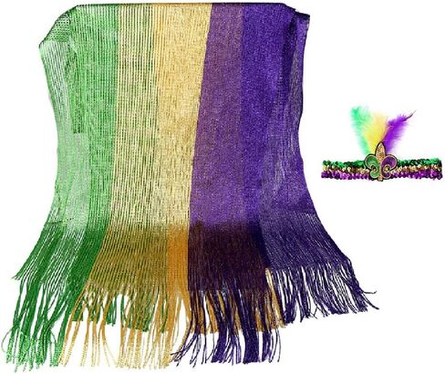 LANGFON Mardi Gras Mesh Shimmering Scarf with Feather Headband, Mardi Gras Costume Accessory Masquerade Costume for Mardi Gras Outdoor Party Holiday Outfits, Green, Purple, Yellow in Saudi Arabia