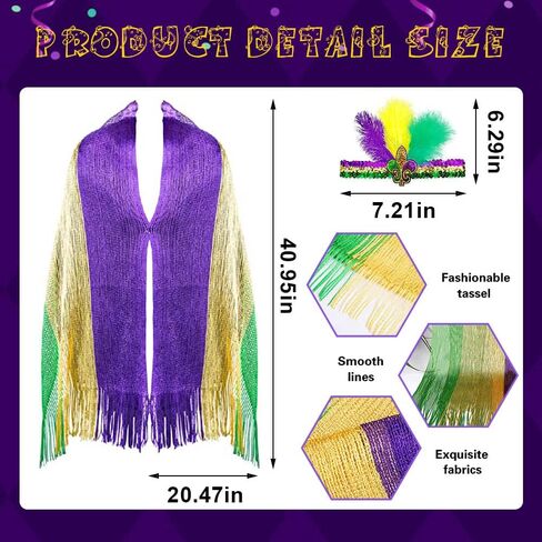 LANGFON Mardi Gras Mesh Shimmering Scarf with Feather Headband, Mardi Gras Costume Accessory Masquerade Costume for Mardi Gras Outdoor Party Holiday Outfits, Green, Purple, Yellow in Saudi Arabia
