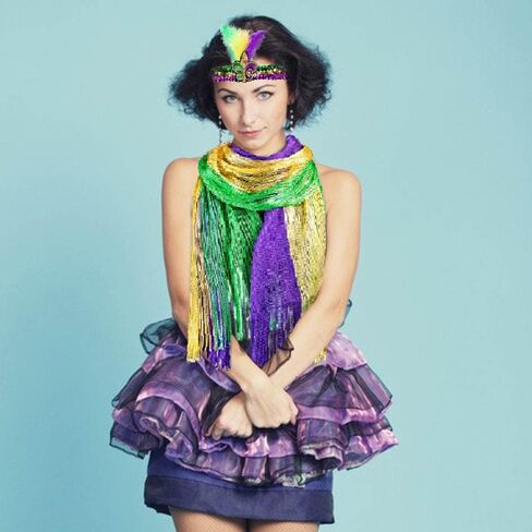 LANGFON Mardi Gras Mesh Shimmering Scarf with Feather Headband, Mardi Gras Costume Accessory Masquerade Costume for Mardi Gras Outdoor Party Holiday Outfits, Green, Purple, Yellow in Saudi Arabia