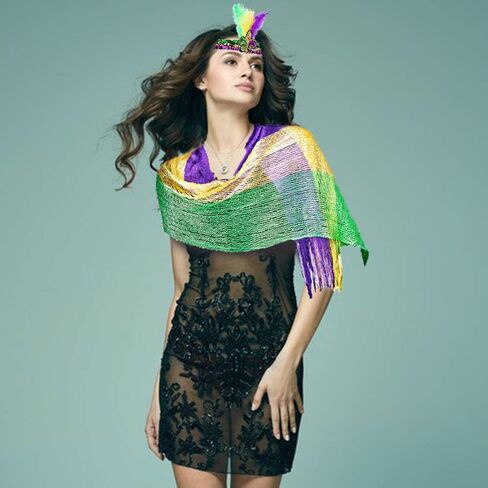 LANGFON Mardi Gras Mesh Shimmering Scarf with Feather Headband, Mardi Gras Costume Accessory Masquerade Costume for Mardi Gras Outdoor Party Holiday Outfits, Green, Purple, Yellow in Saudi Arabia