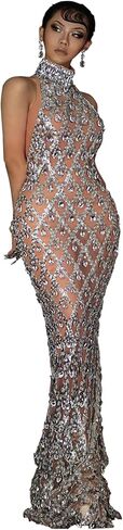 Sparkle Crystal Rhinestones Sequin Long Dress Mesh Transparent Sexy Backless Singer Stage Party Drag Queen Costume in Kuwait