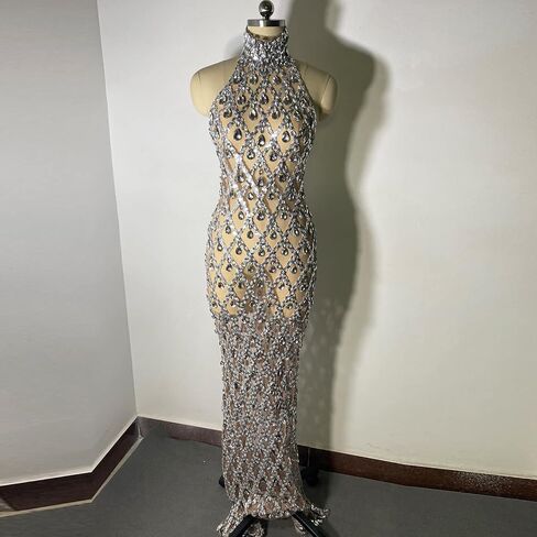Sparkle Crystal Rhinestones Sequin Long Dress Mesh Transparent Sexy Backless Singer Stage Party Drag Queen Costume in Kuwait