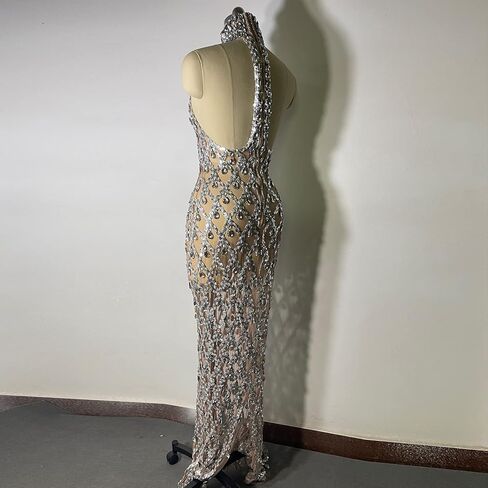 Sparkle Crystal Rhinestones Sequin Long Dress Mesh Transparent Sexy Backless Singer Stage Party Drag Queen Costume in Kuwait
