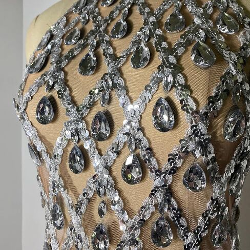 Sparkle Crystal Rhinestones Sequin Long Dress Mesh Transparent Sexy Backless Singer Stage Party Drag Queen Costume in Kuwait