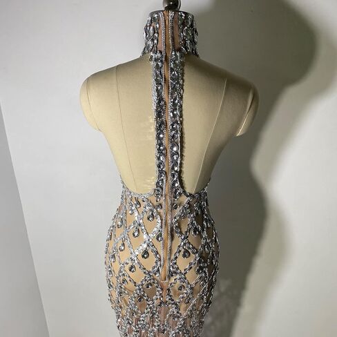 Sparkle Crystal Rhinestones Sequin Long Dress Mesh Transparent Sexy Backless Singer Stage Party Drag Queen Costume in Kuwait