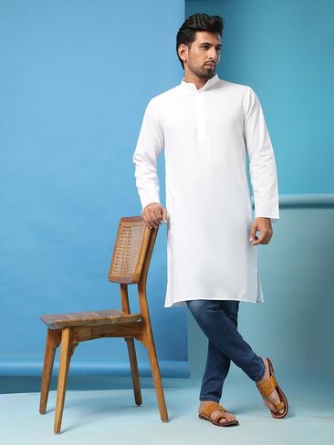 SKAVIJ Men's Cotton Solid Kurta Casual Long Shirts Regular Fit in Saudi Arabia