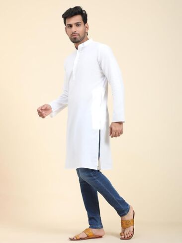 SKAVIJ Men's Cotton Solid Kurta Casual Long Shirts Regular Fit in Saudi Arabia