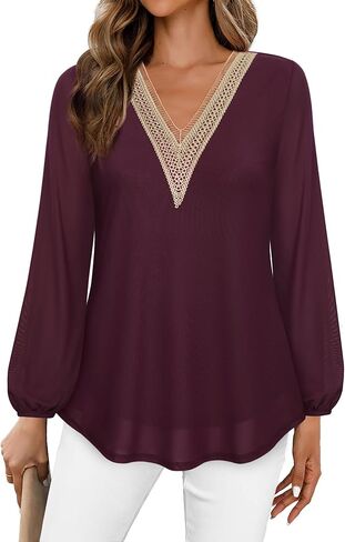 Bebonnie Women's Casual Long Sleeve Lace V Neck Double Layers Mesh Tunic Tops in Kuwait