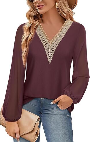 Bebonnie Women's Casual Long Sleeve Lace V Neck Double Layers Mesh Tunic Tops in Kuwait