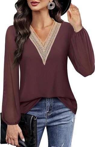 Bebonnie Women's Casual Long Sleeve Lace V Neck Double Layers Mesh Tunic Tops in Kuwait