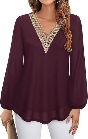 Bebonnie Women's Casual Long Sleeve Lace V Neck Double Layers Mesh Tunic Tops in Kuwait