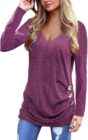 Womens Tops Ladies Long Sleeve Fall Shirts V Neck Casual Blouses Loose Fitting Tees Dressy Clothes Fashion Tunics in Kuwait