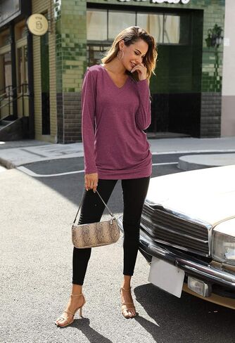 Womens Tops Ladies Long Sleeve Fall Shirts V Neck Casual Blouses Loose Fitting Tees Dressy Clothes Fashion Tunics in Kuwait