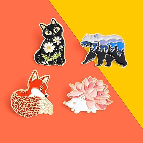 Gillna Cartoon Animal Enamel Pins Set Cute Plant Enamel Lapel Pin Badges for Clothes Bags Funny Hedgehog Fox Bear Cat Badges Brooches Jewelry Accessories in Kuwait