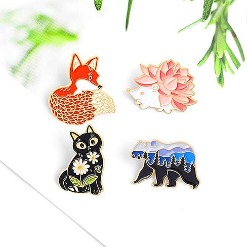 Gillna Cartoon Animal Enamel Pins Set Cute Plant Enamel Lapel Pin Badges for Clothes Bags Funny Hedgehog Fox Bear Cat Badges Brooches Jewelry Accessories in Kuwait