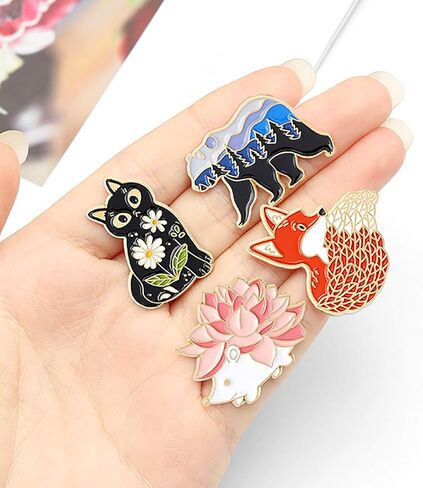 Gillna Cartoon Animal Enamel Pins Set Cute Plant Enamel Lapel Pin Badges for Clothes Bags Funny Hedgehog Fox Bear Cat Badges Brooches Jewelry Accessories in Kuwait
