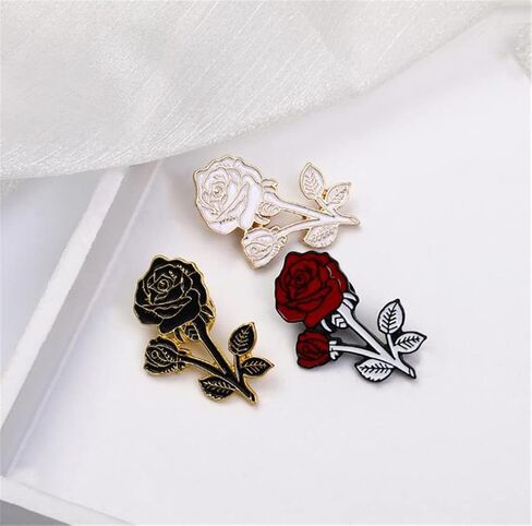 3Pcs Rose Enamel Pin White Red Black Rose Lapel Pin Flower Brooch Badge Enamel Lapel Badge Clothing Bag Pin Decoration Mother Girl Gift, Metal, no gemstone in Kuwait