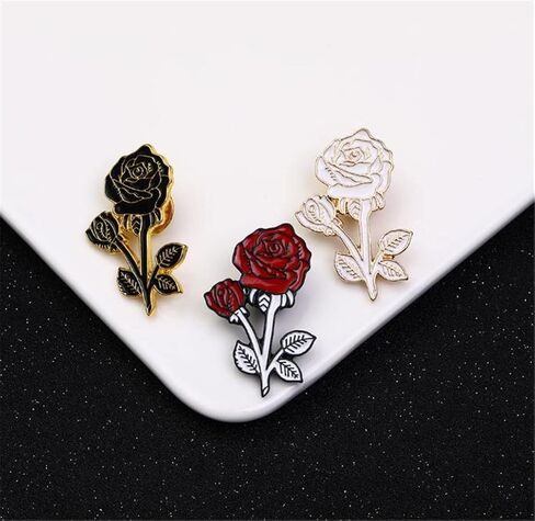 3Pcs Rose Enamel Pin White Red Black Rose Lapel Pin Flower Brooch Badge Enamel Lapel Badge Clothing Bag Pin Decoration Mother Girl Gift, Metal, no gemstone in Kuwait
