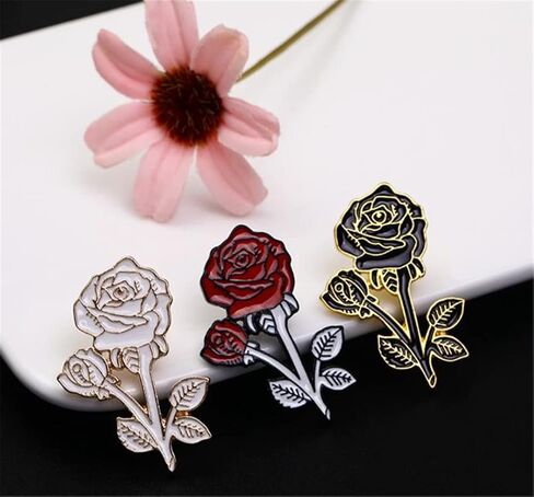 3Pcs Rose Enamel Pin White Red Black Rose Lapel Pin Flower Brooch Badge Enamel Lapel Badge Clothing Bag Pin Decoration Mother Girl Gift, Metal, no gemstone in Kuwait