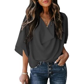 بلوزة قميص فضفاضة للسيدات من LookbookStore برقبة على شكل حرف V وأكمام جرس 3/4 in Kuwait