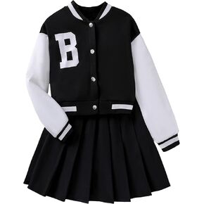 SHENHE Girl's 2 Piece Outfits Color Block Button Up Long Sleeve Bomber Jacket and Skirt Set in Kuwait