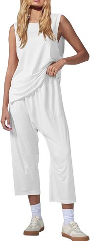 MAOECO إمرأة قطعتين ملابس بدون أكمام تانك القمم مع واسعة الساق سراويلي حريمي صالة رياضية غير رسمية Hot Shot مجموعة مريحة in Kuwait