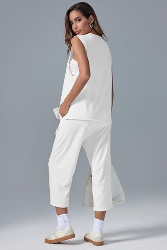 MAOECO إمرأة قطعتين ملابس بدون أكمام تانك القمم مع واسعة الساق سراويلي حريمي صالة رياضية غير رسمية Hot Shot مجموعة مريحة in Kuwait