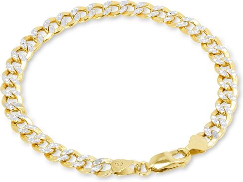 Nuragold 14k Yellow Gold 7mm Cuban Chain Curb Link Diamond Cut Pave Two Tone Bracelet, Mens Womens Lobster Clasp 7" 7.5" 8" 8.5" 9" in Saudi Arabia