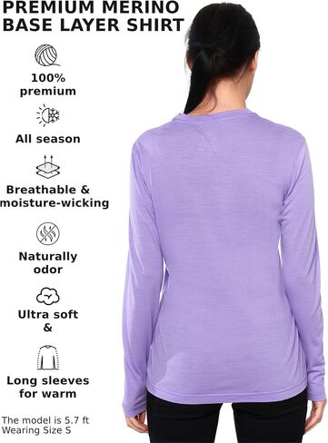 Merino Wool Base Layer Women - 100% Merino Wool Shirt Women Thermal Underwear Long Sleeve T-Shirt for Hiking (Large, 170 Bright Violet) in Saudi Arabia
