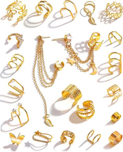 22Pcs Gold Ear Cuffs Earrings for Women Girls Non Piercing Lightweight, Adjustable Hypoallergenic Fake Clip On Cartilage Butterfly Chain Twist Helix Leaf Wrap Earrings Set, Trendy Jewelry Gift for Her in Saudi Arabia