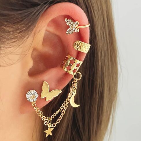22Pcs Gold Ear Cuffs Earrings for Women Girls Non Piercing Lightweight, Adjustable Hypoallergenic Fake Clip On Cartilage Butterfly Chain Twist Helix Leaf Wrap Earrings Set, Trendy Jewelry Gift for Her in Saudi Arabia