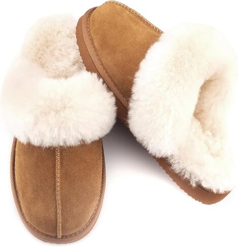 Women's Shearling Slippers Genuine Leather with Rubber Sole, Sheepskin Fuzzy Indoor Outdoor Shoes for Home in Saudi Arabia