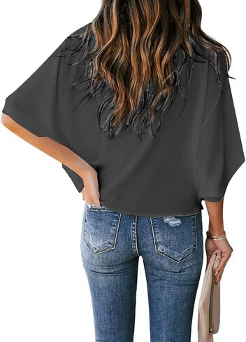 بلوزة قميص فضفاضة للسيدات من LookbookStore برقبة على شكل حرف V وأكمام جرس 3/4 in Kuwait