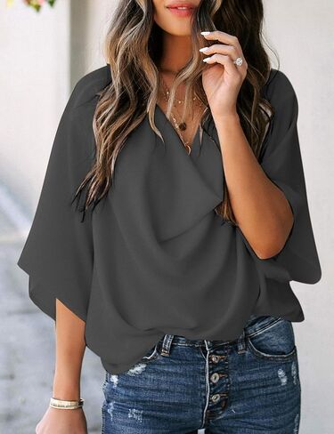 بلوزة قميص فضفاضة للسيدات من LookbookStore برقبة على شكل حرف V وأكمام جرس 3/4 in Kuwait